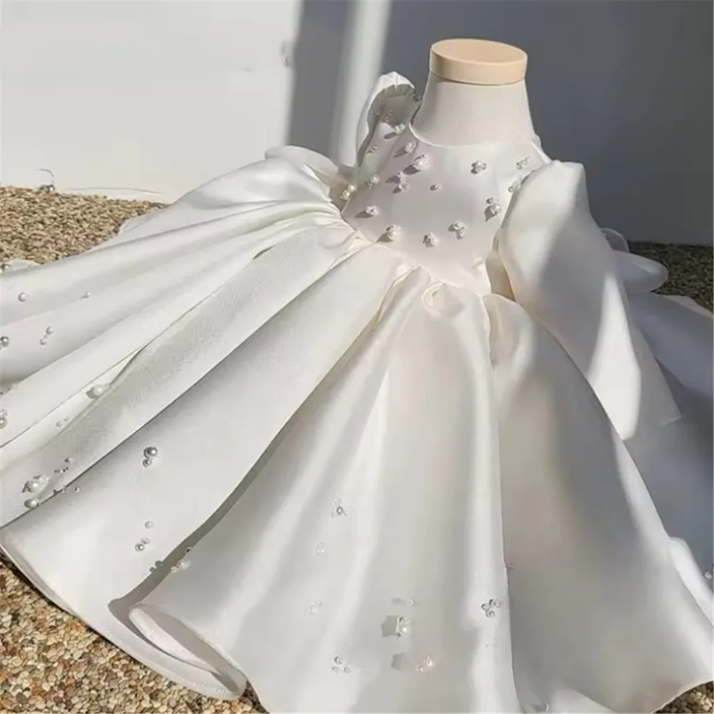 

Elegant Satin Flower Girl Wedding Dress Full Sleeve Baby Girl Princess Vintage Vestido Party Pageant Birthday Baptism Frocks