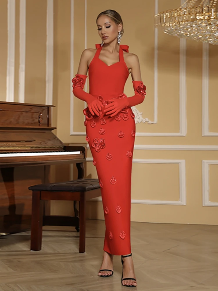 섹시한 홀터넥 3D 플라워 밴디지 드레스 (장갑 포함) 여성용 민소매 백리스 플로럴 바디콘 롱 드레스 이브닝 파티 정장