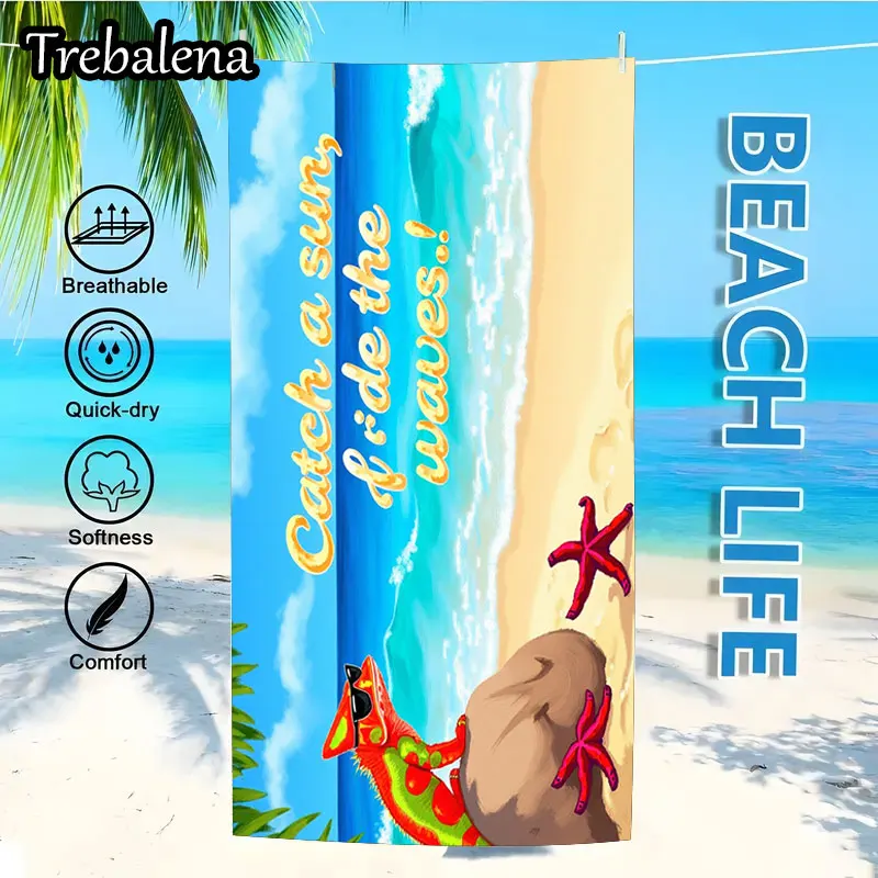 منشفة شاطئ فائقة النعومة مقاس 30 × 60 بوصة مع منشفة شاطئ، أمواج ركوب الشمس، نجم البحر، الحرباء #5