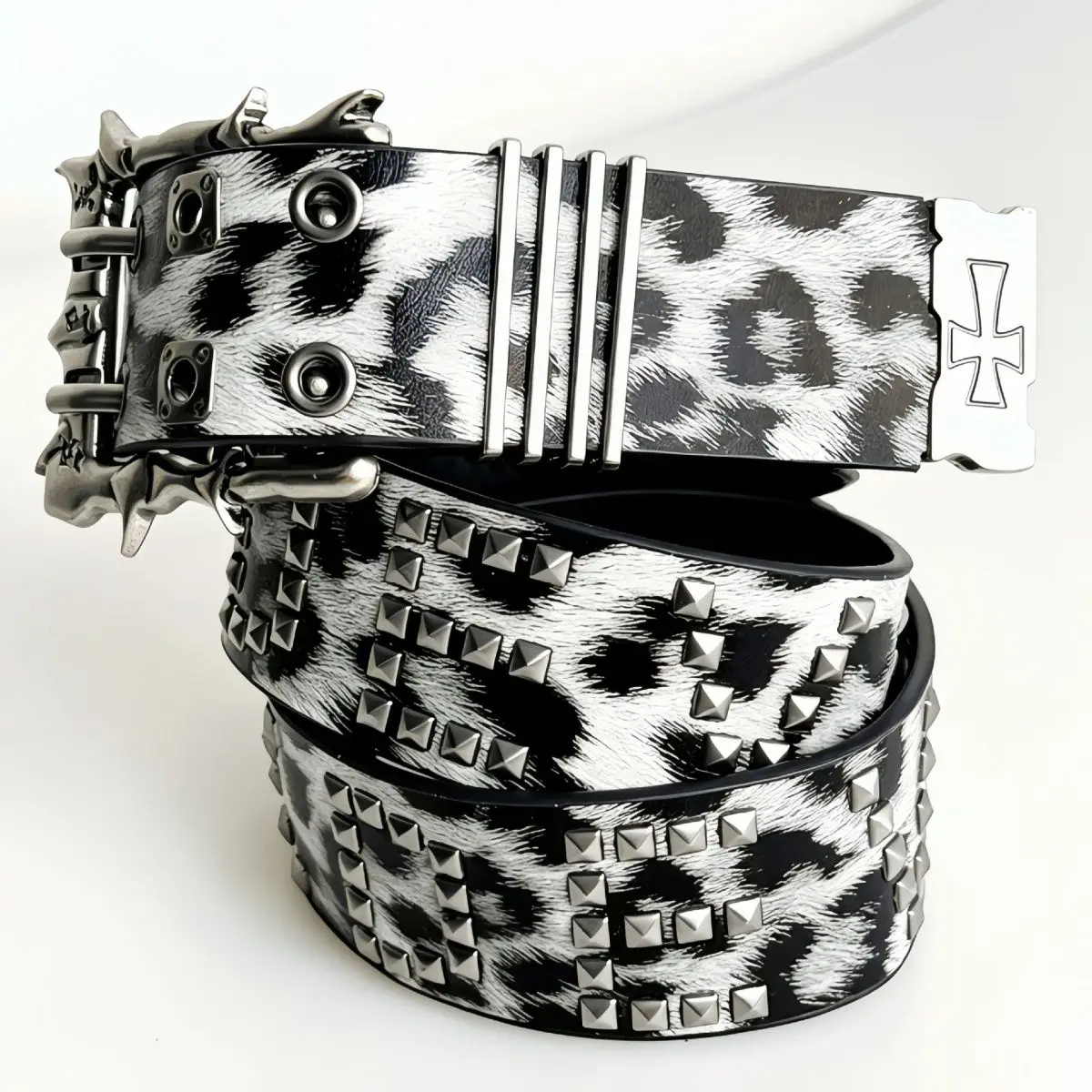 Y2K Gothic Punk Leopard PU Leather Belt Square Studded Rivet Waist Belt Irregular Thorn Metal Pin Buckle Street Hip Hop Unisex