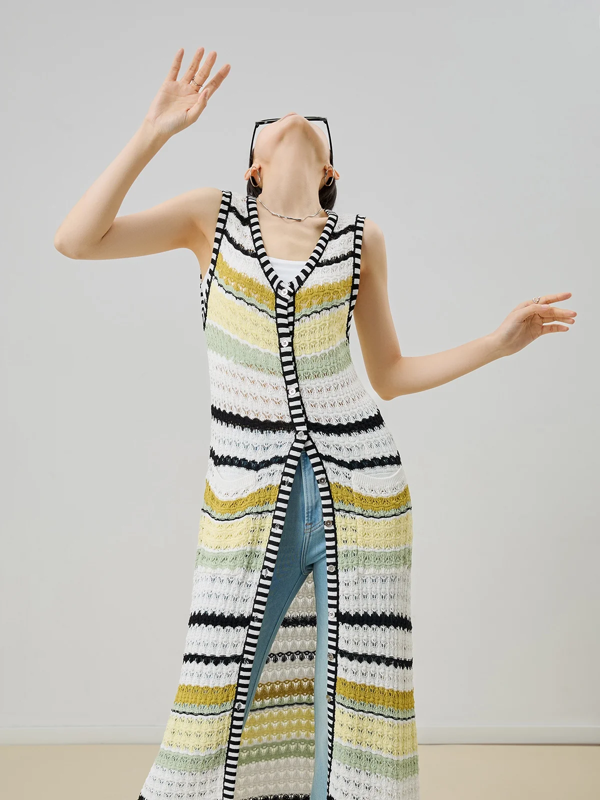 

Chic Striped Knitted Open Cardigan Svel Dr Women's Faionable Commute Sle Polyester Blend V-Ne Mid-Length