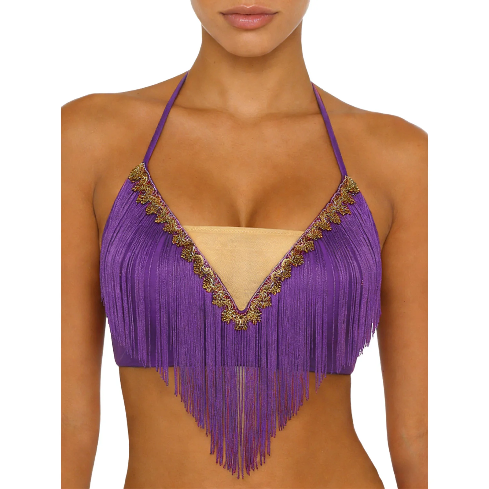 여성 벨리댄스 공연 크롭탑 레이스업 홀터 태슬 및 골드 트림 프린지드 캐미솔 댄스 슬링탑 (수업/무대용)