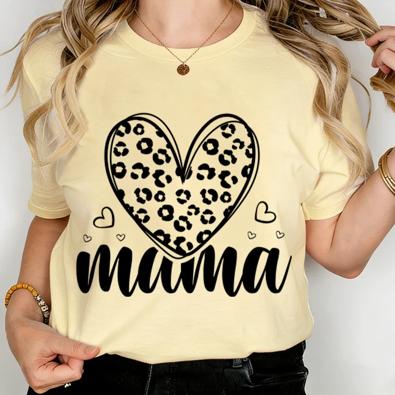 Women T-Shirt Mama Leopard Print Heart Printed Round Neck Short Sleeve Casual Female Summer Tops Mother's Day Gifts Tshirts
