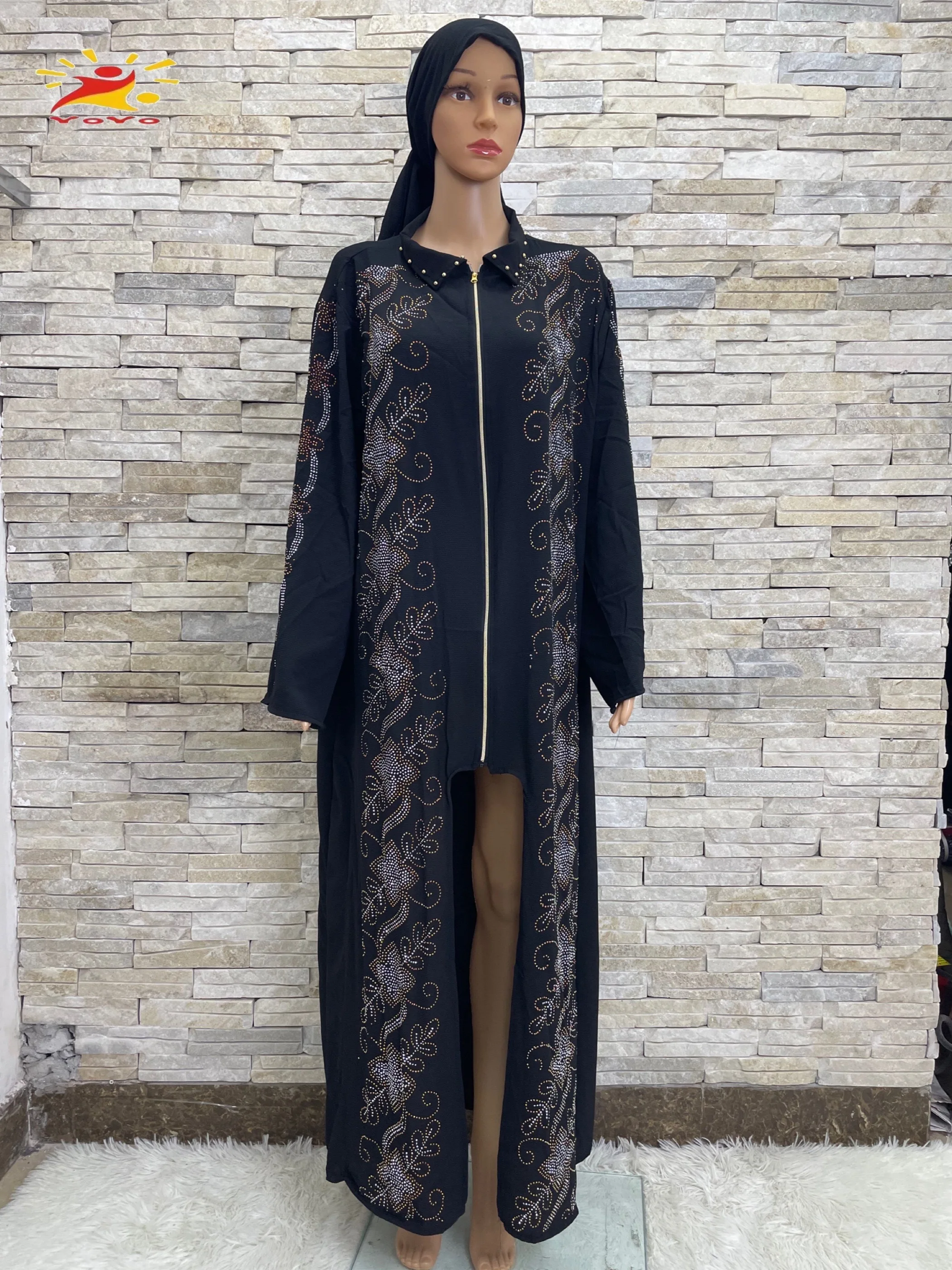 New African Muslim Zipper Dress Women Eid Autumn Abaya Middle Long Sleeve Robes Fashion Diamond Ladies Muslim Wear Ramadan Party