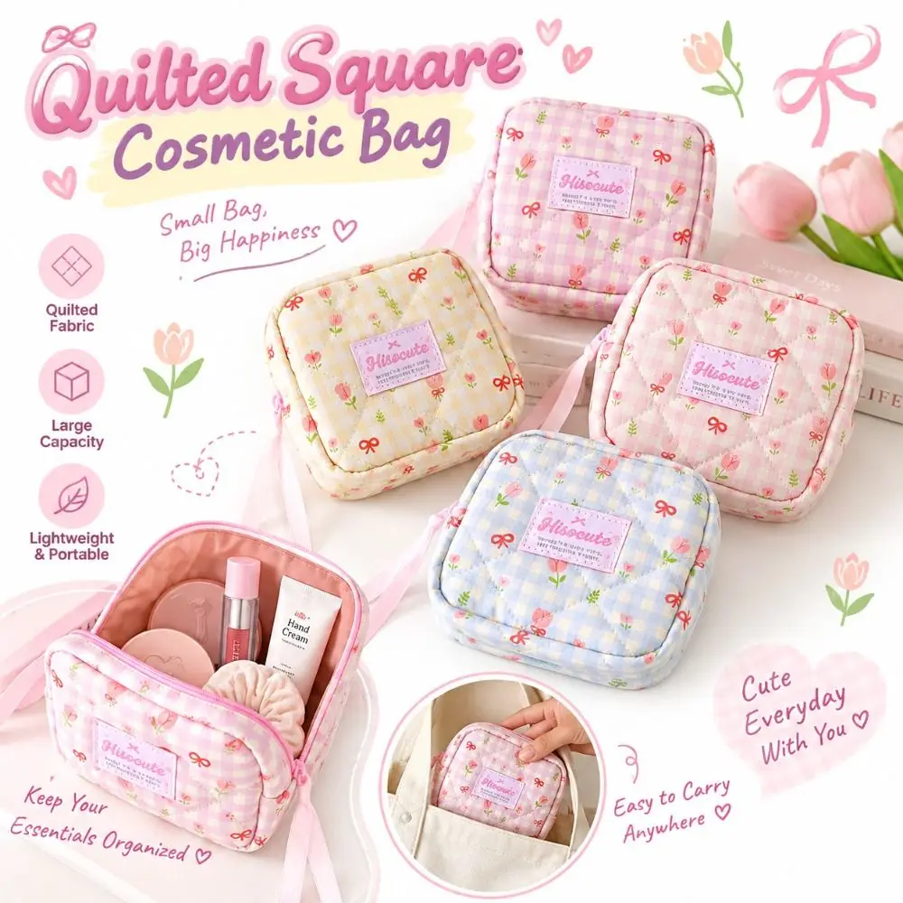 New Quilted Square Cosmetic Bag Ribbon Bow Decor Floral Print Coin Purse Zipper Closure Portable Plaid Makeup Pouch Travel