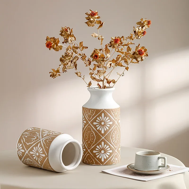 Relief sand glazed ceramic vase, wide mouth modern home decoration, flower hydroponic container, living room ceramic ornament