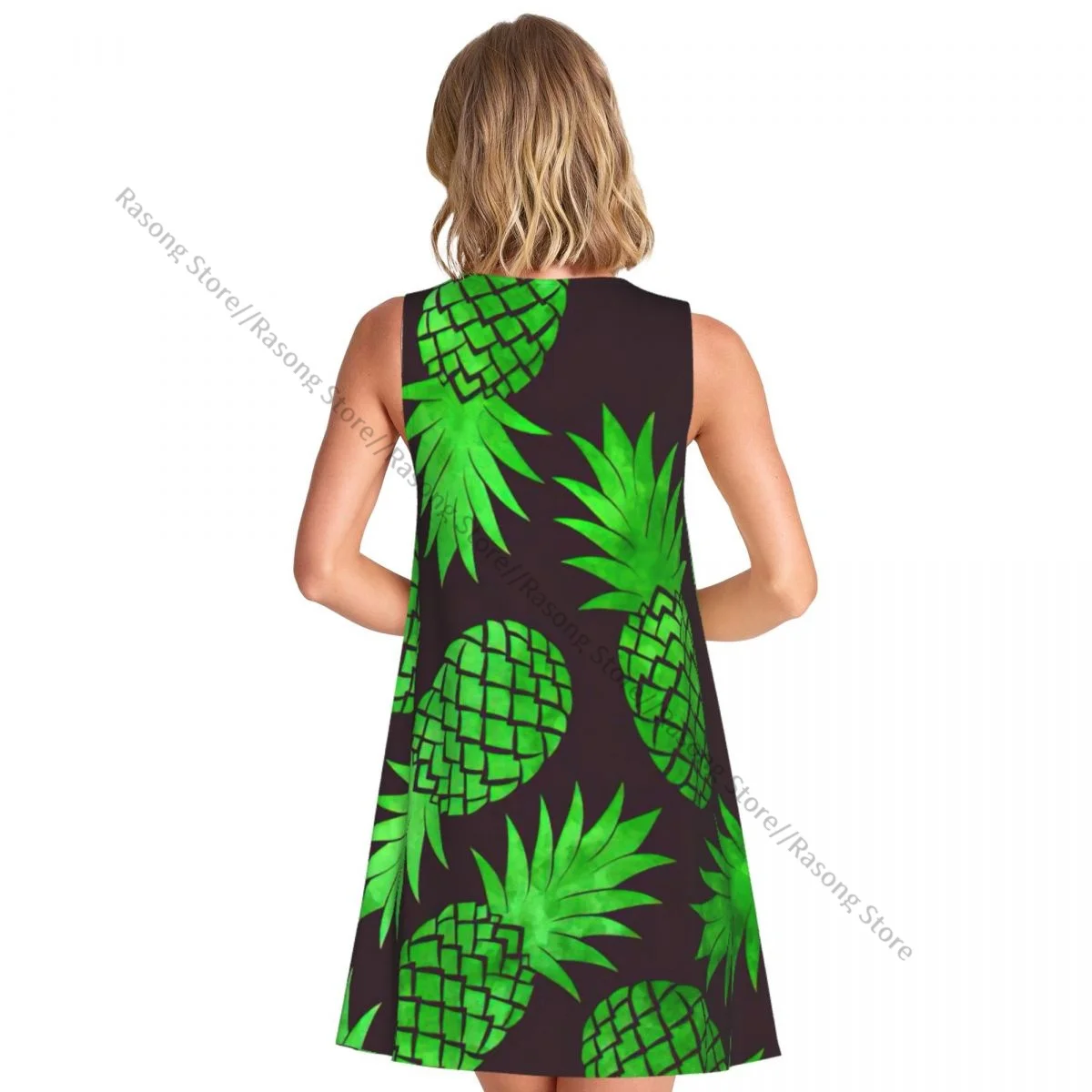 ชุดเดรสสตรีฤดูร้อนชุดลําลองเสื้อยืดชายหาดปกคลุมชุดถังสับปะรดสีเขียว
