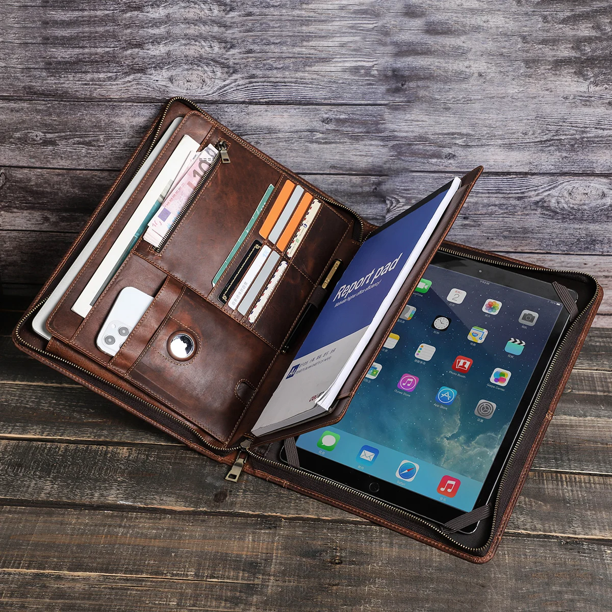 Genuine Leather A4 Portfolio Cover For iPad Pro/Air 13 Pro 12.9 Galaxy Tab S7+ S8+ S9+ Case Macbook Pro/Air 13 Laptop Handbag