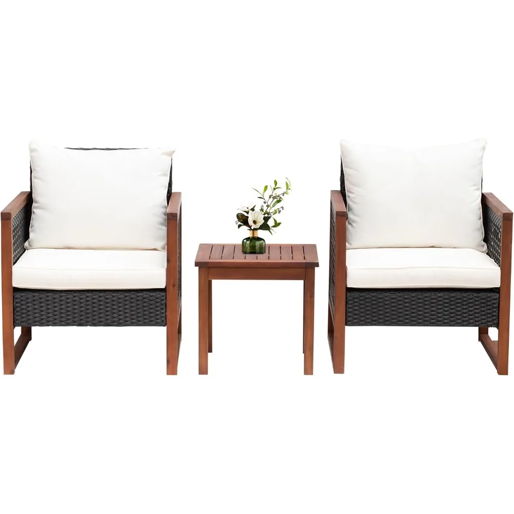 

3-Piece Outdoor Patio Furniture Set Modern Rattan Bistro Conversation Set with Acacia Wood Frame, Coffee Table, and