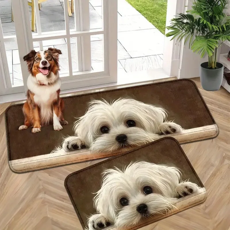 VIKAMA Cute Fluffy White Dog Pet Rug Set Living Room Bedroom Non-Slip Plush Floor Mat Warm Healing Home Decor Carpet
