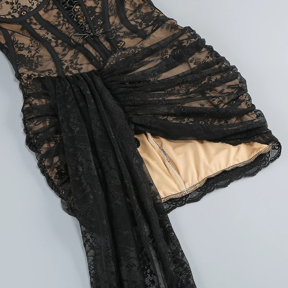 Sexy Black Lace Corset Mini Dress with Draped Skirt – Elegant and Bold Evening Gown
