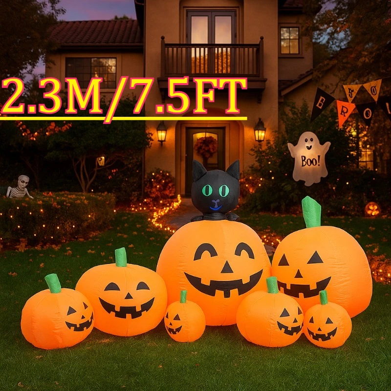 

7.5FT Outdoor Holiday Decorations Inflatable Model Pumpkins Cat Halloween Party Decor Garden Horror Props Built-in LEDs Toys