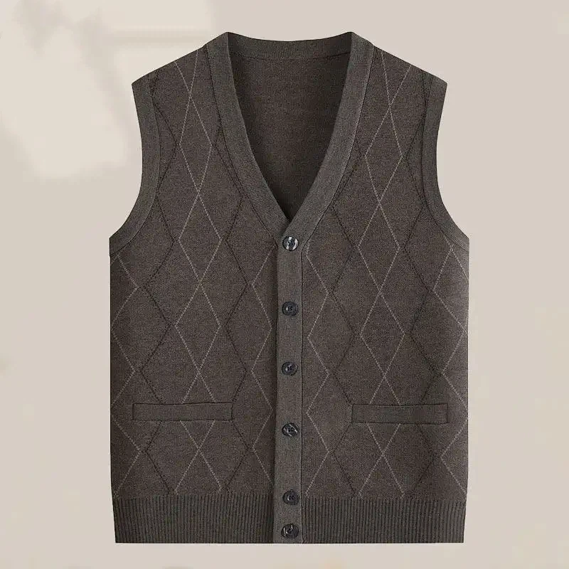 Middle-aged Elderly Men's Autumn Winter Warm Vest Sweaters the Elderly Knitted Thickened Velvet Vest Cardigan