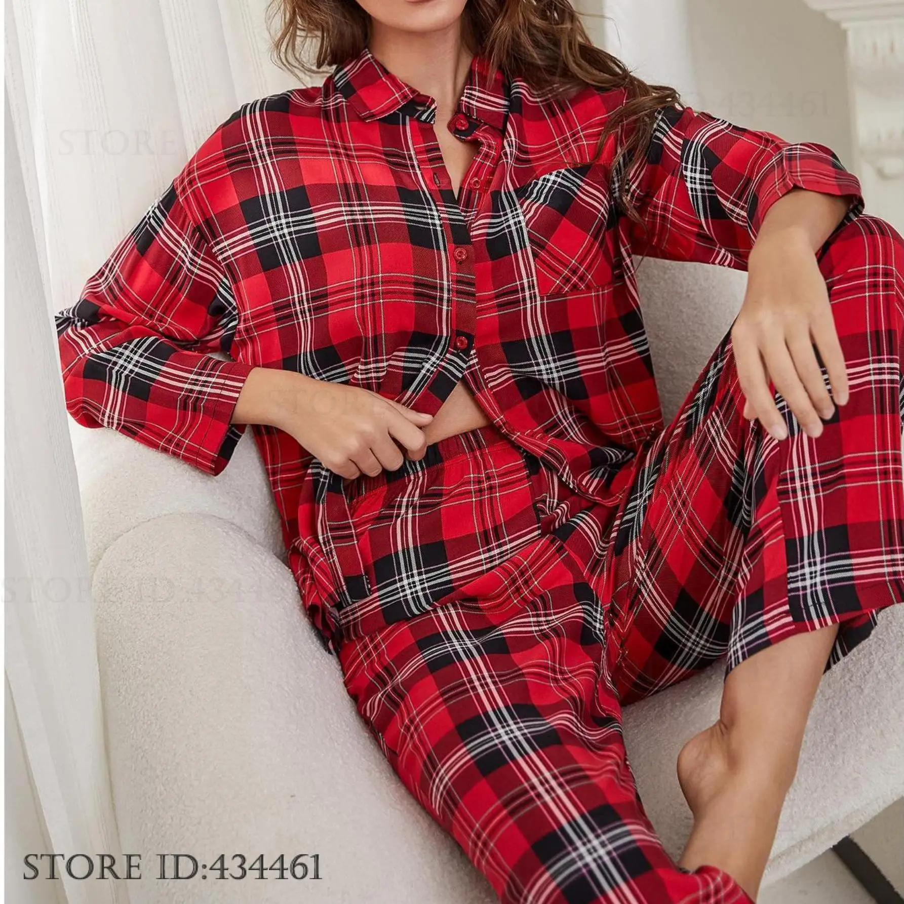 

Рождественский бордовый клетчатый пижамный комплект, одежда для дома, осенний новый брючный костюм с длинными рукавами, пижамы, свободная повседневная домашняя одежда, праздничный подарок