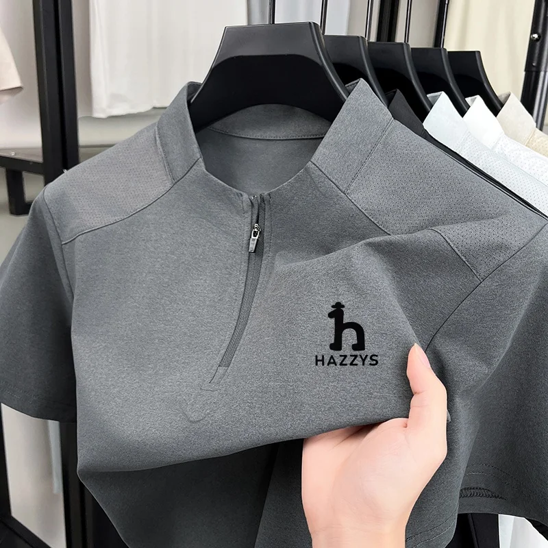 

Original Men's Designer Stand Collar Casual T-shirt Summer New Short Sleeved Solid Color Printed Top Fashion Half Zip Men's Wear