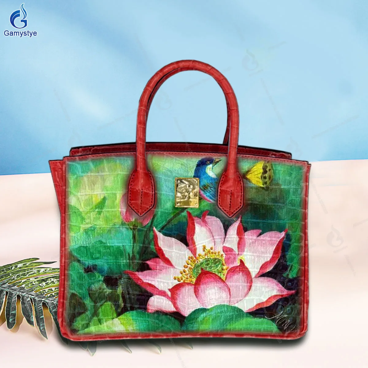 Hand Draw Customize Art Birds and blooming lotus flowers Bags Ladies Designer Brand Handbags High Quality Messenger Shoulder Bag