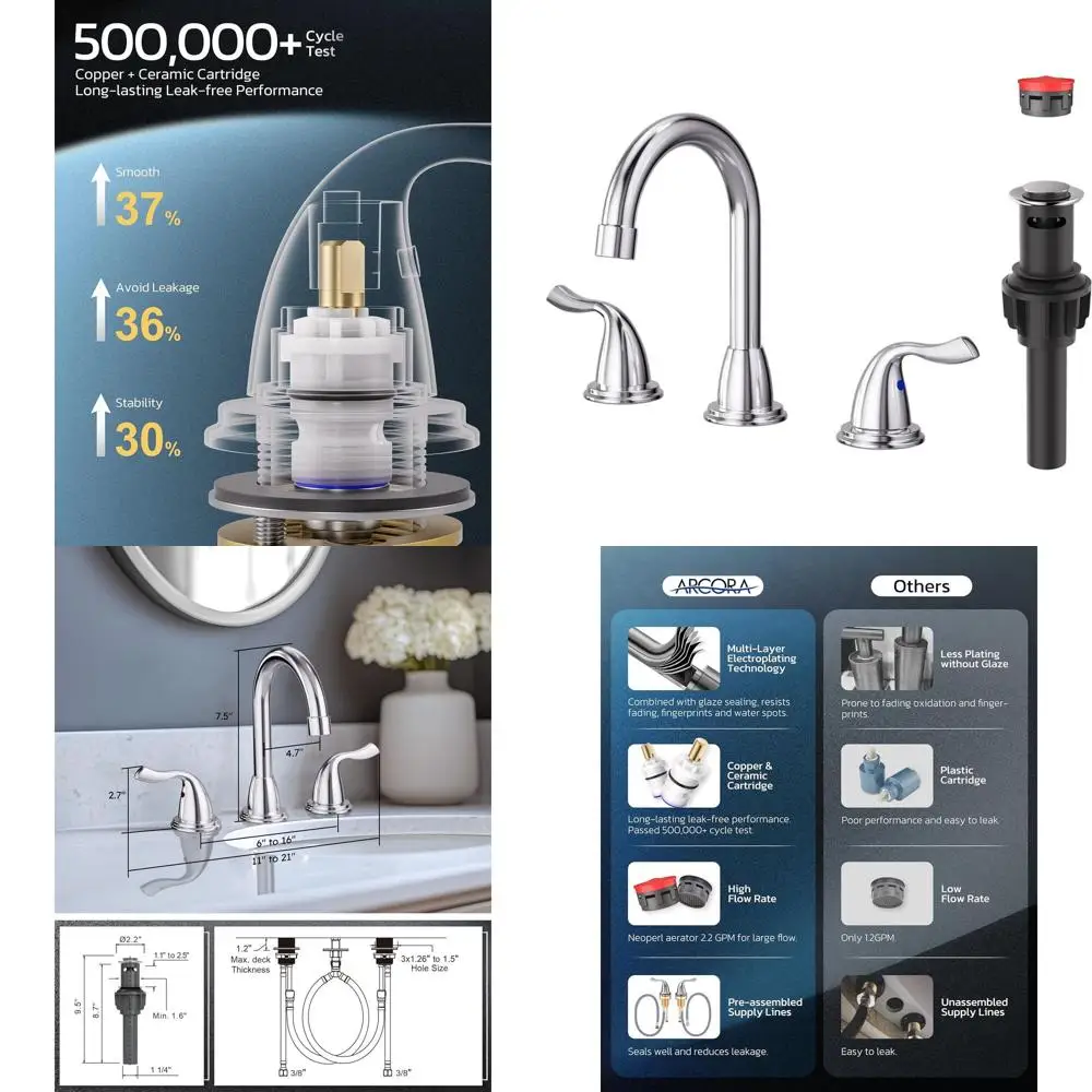 

8 Widespread 3-Hole Chrome Bathroom Sink Faucet with Pop-Up Drain & Supply Lines