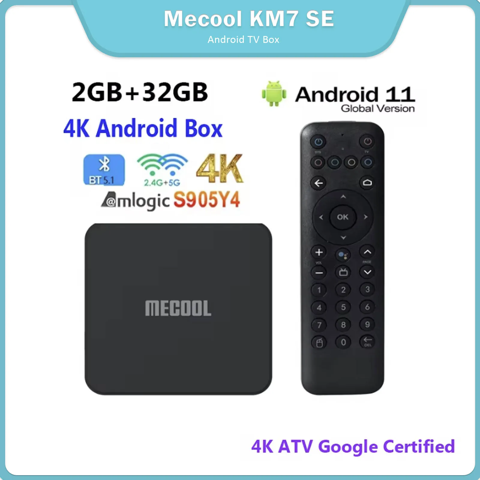 2024 Новое поступление MECOOL KM7 SE Android 11 ТВ-приставка 4K ATV Google сертифицированный 2 ГБ 32 ГБ BT5.1 Amlogic S905Y4 медиаплеер PK KICKPI