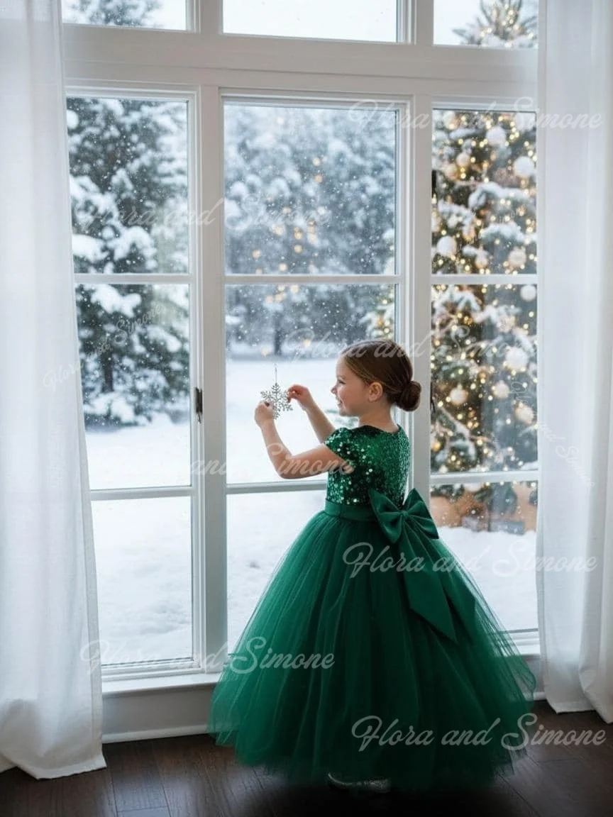 Customized Green Fluffy Sequin Short style Flower Girl Dress for Christmas Holiday Celebrations Dance Performances Birthday part