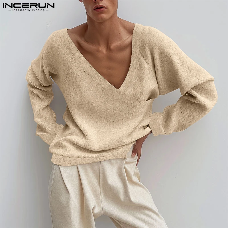 INCERUN Men Tops 2024 Autumn New Arrival Solid Color V Neck Cross Casual Long Sleeve Knitted T Shirts Comfortable Daily Tops