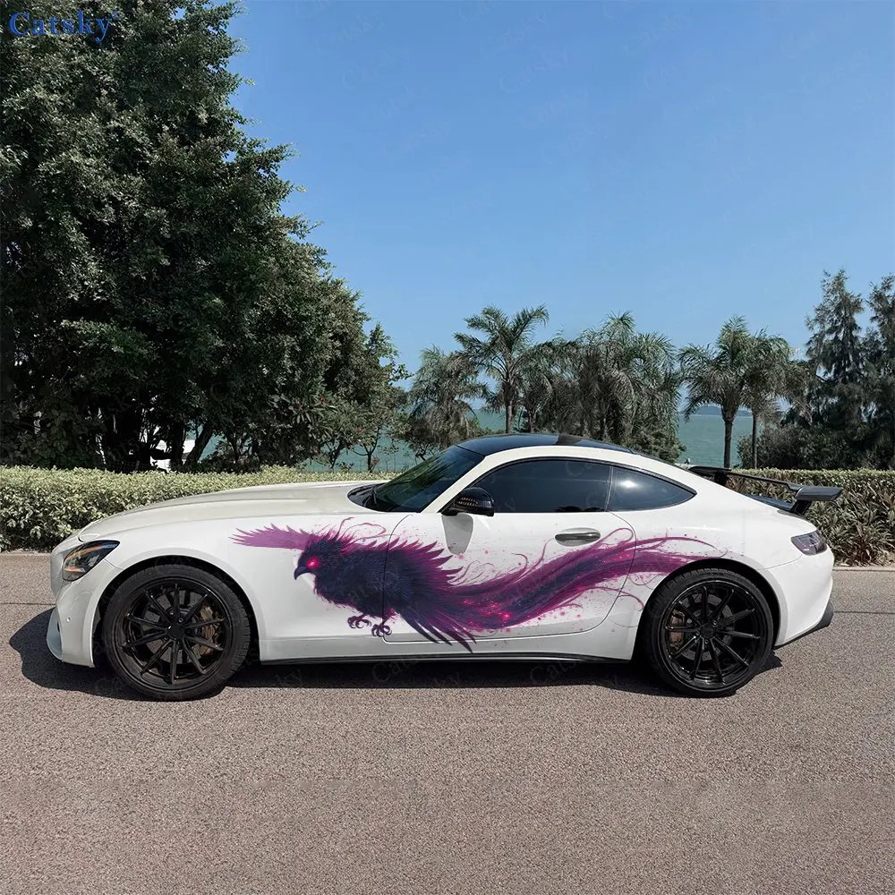 2pcs Purple Flame Mystic Raven Car Side Wraps, Self-Adhesive PVC Waterproof & Scratch-Resistant Stickers, Car Accessory Gift