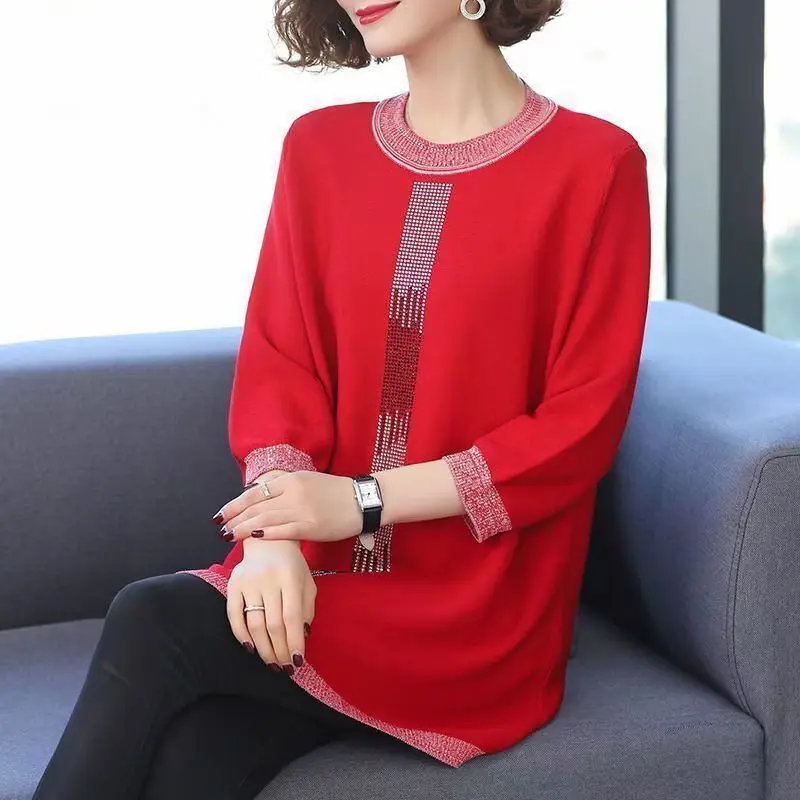 

Middle Aged Women Pullover Sweater 2023 New Fashion Brief Warm Oversize O-Neck 7/10 Sleeve Female Bottom Shirt