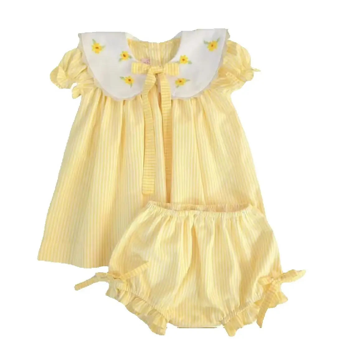 Baby Girl Summer 2Pcs Outfit Yellow Stripe Floral Embroidery Dress for Birthday Party Photography Casual B707