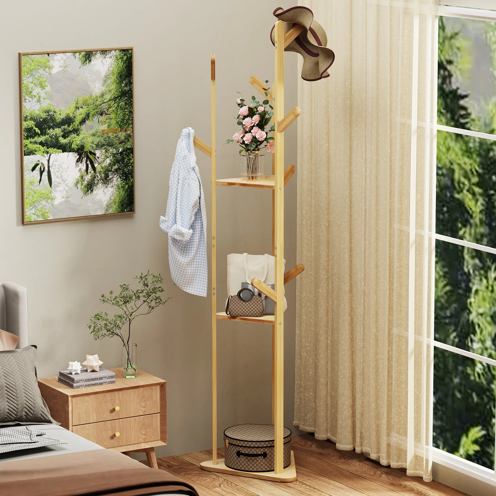 Bamboo Tree Clothes Coat Hanger Rack Garment Stand with Hooks and Shelves