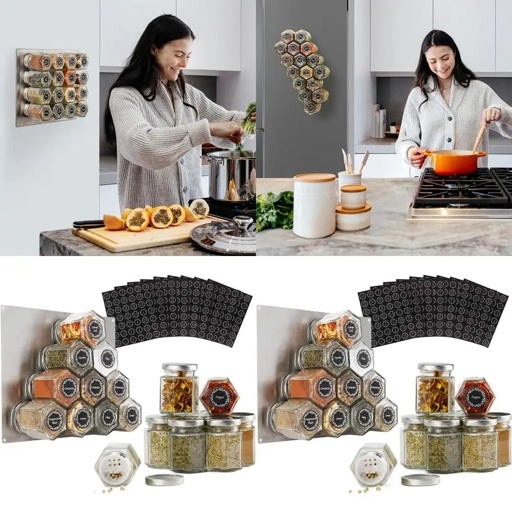 

Набор из 16 магнитных шестиугольных стеклянных банок для специй с 394 этикетками, крышками для шейкера и монтажной пластиной из нержавеющей стали (3 унции)