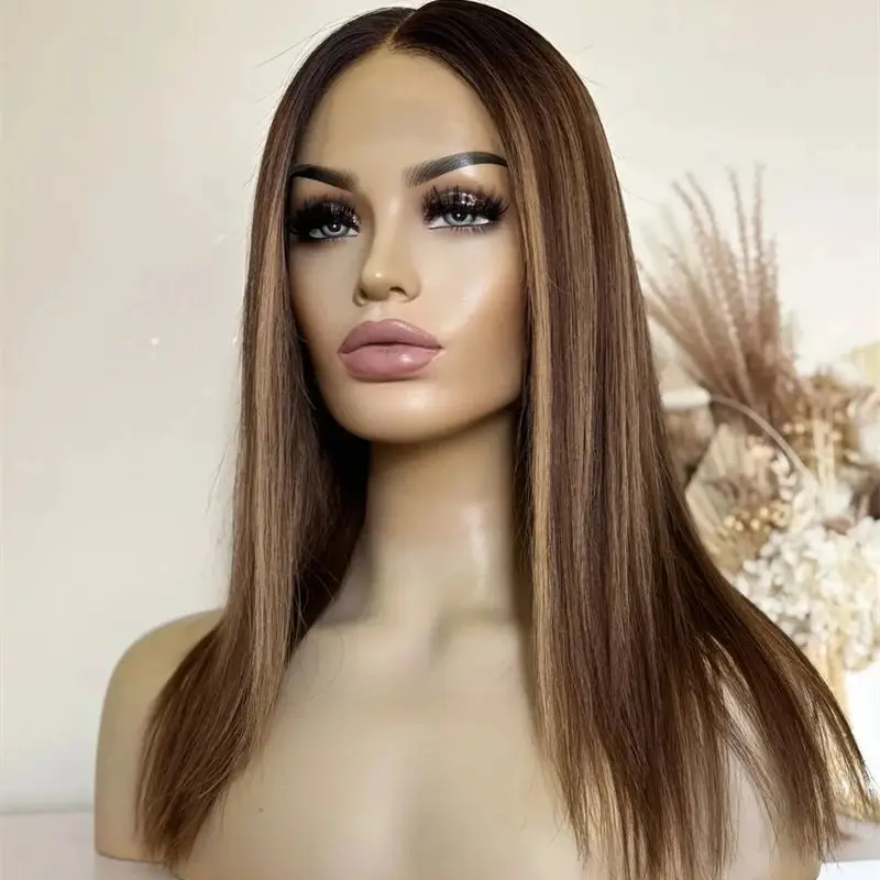 

14 Inches Ombre Blonde Brown Synthetic HD Lace Front Wig Short Straight Bob Like Jewish Wig Realistic Look for Women Party Wigs