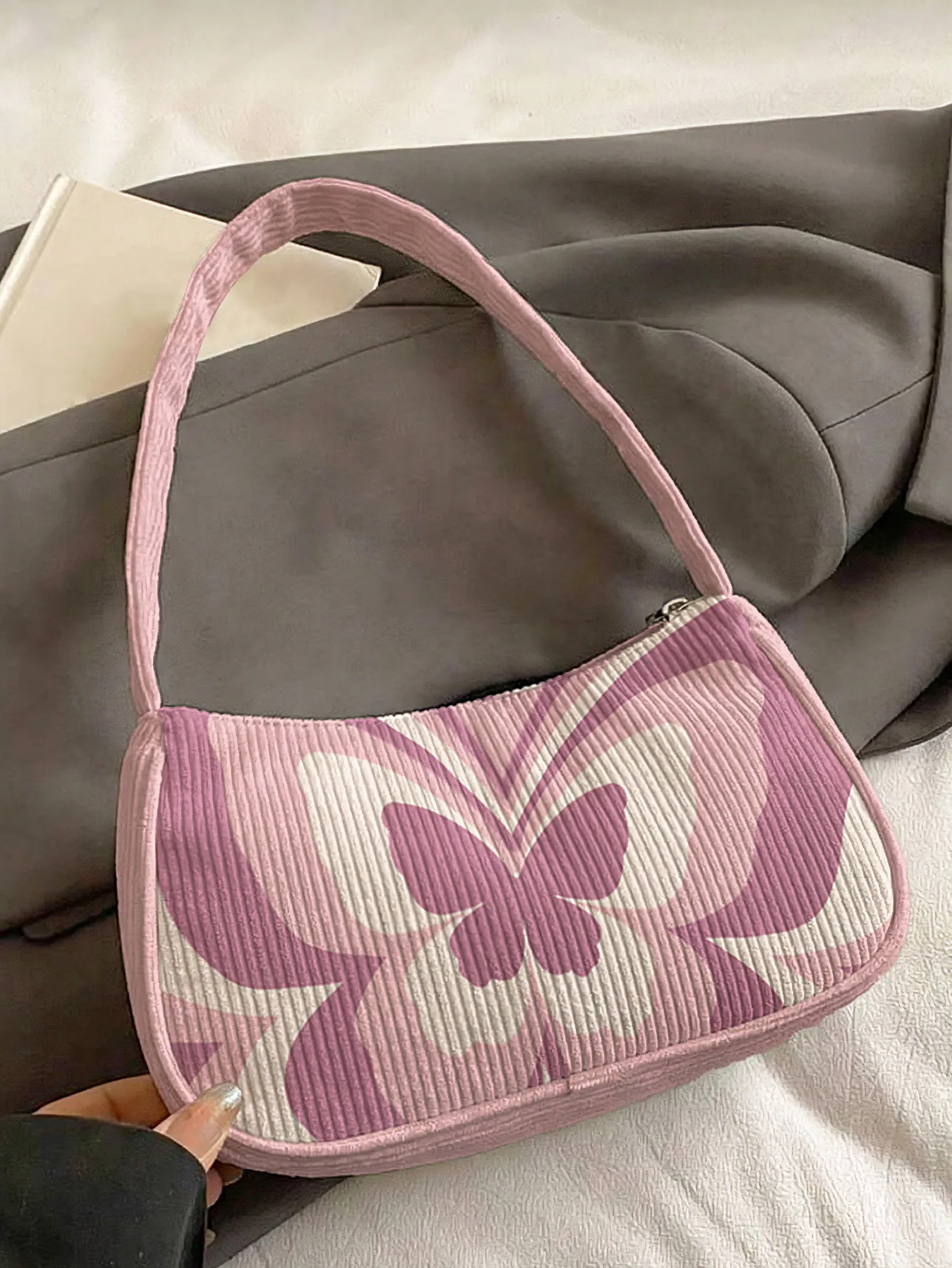 Trendy Pink Butterfly Print Shoulder Bag, Pink Corduroy Underarm Bag for Daily Casual Use
