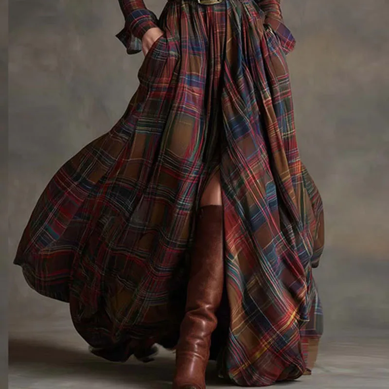 Abiti lunghi con spacco con stampa scozzese retrò francese Donna Elegante abito lungo con bottoni con colletto rovesciato Abito Boho con tasca a maniche lunghe autunnale