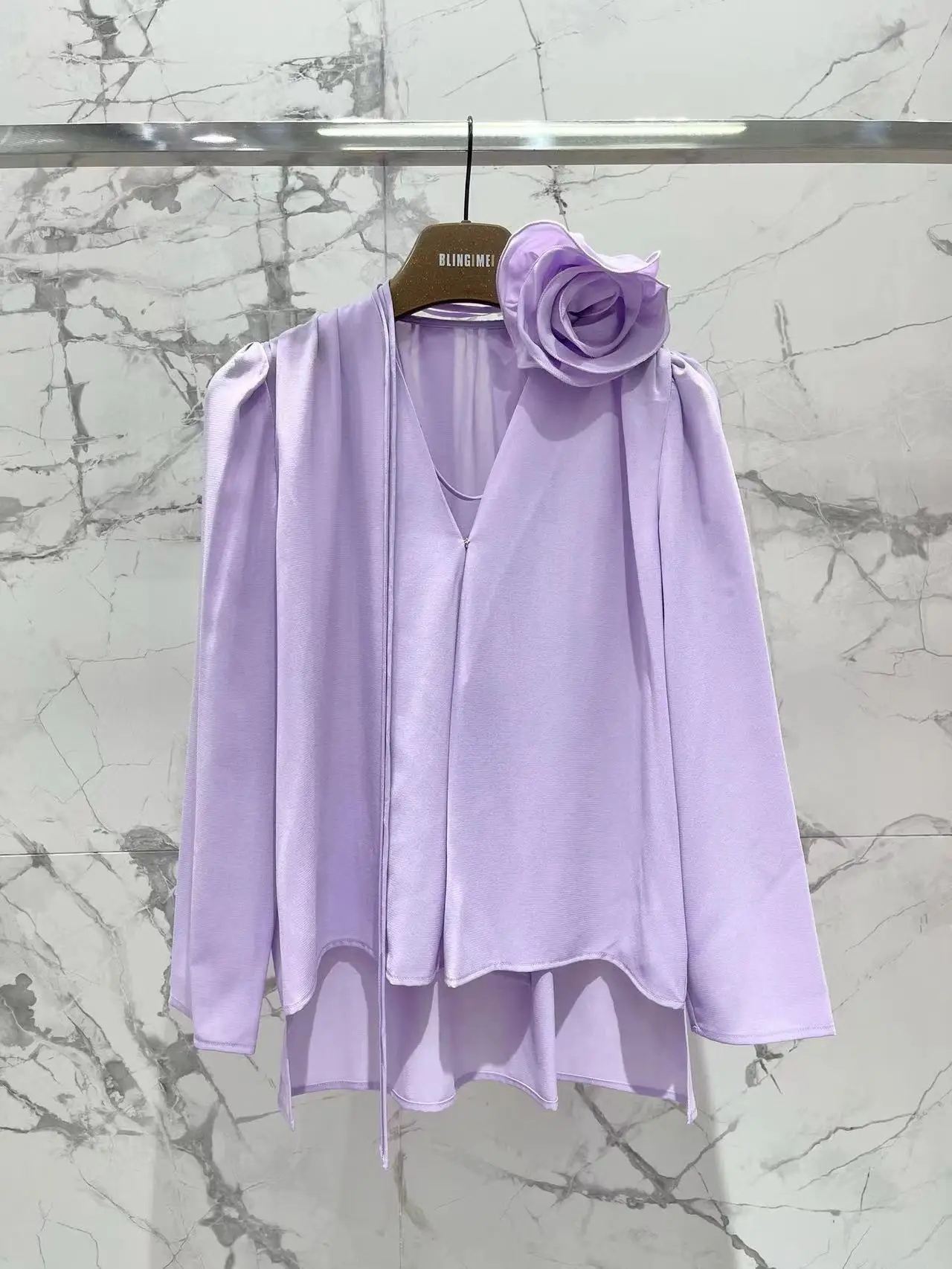 

Lavender Rose Sexy Tie Flower Long Sleeve Lace-up New High Quality 2023 Women Blouse