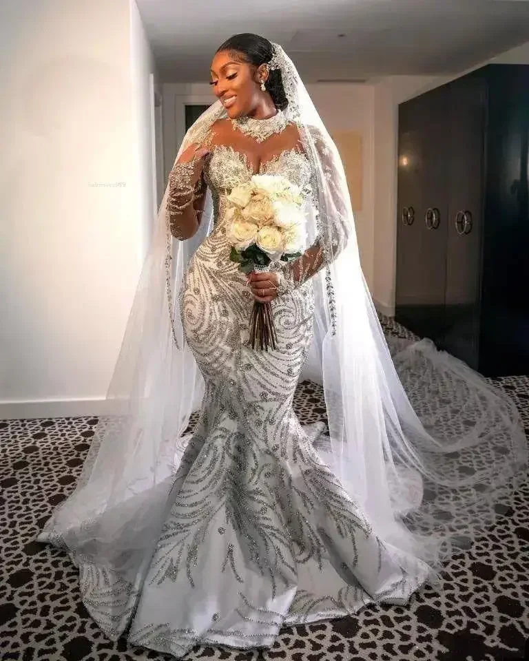 

Customized Mermaid Crystal Wedding Dress Illusion High Neck Long Sleeve Plus Size Bridal Gowns Beads Bride Dresses Robes
