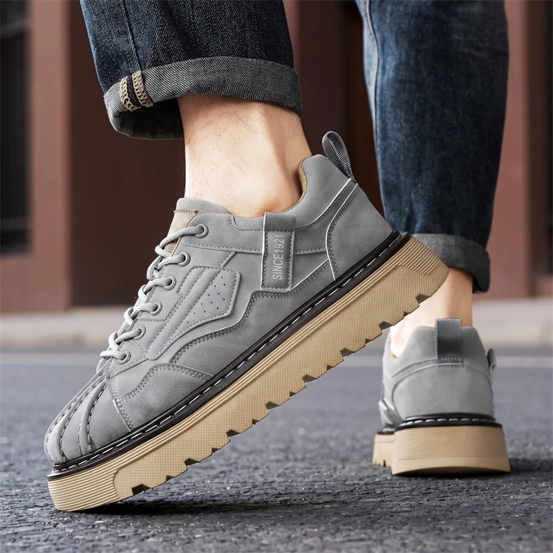 Men Wide Toe Derby Board Shoes Thick Sole Height Boost Anti-slip Wear-resistant Commuter Casual Shoes