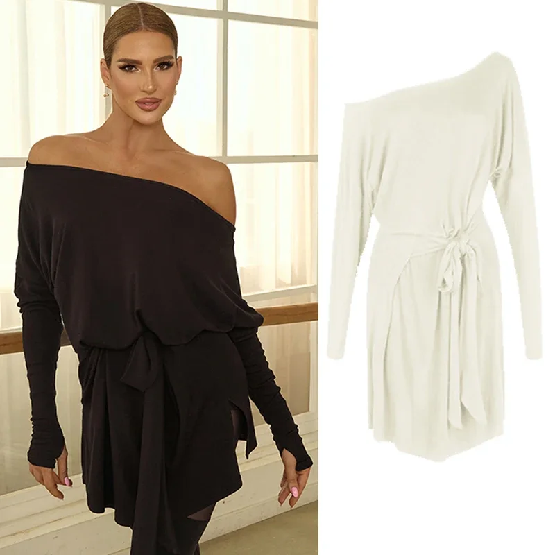 

Latin Dance Dress Female Adult Sexy Slant Shoulder Loose Dress Tango Salsa Cha Cha Samba Rumba Dancing Practice Wear DNV21946