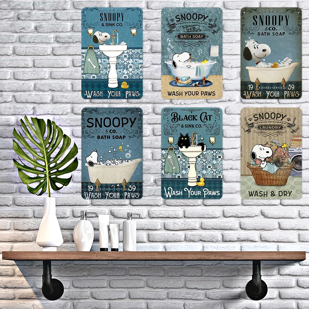 Funny Snoopy Stitch Metal Tin Sign Vintage Wall Art Poster Disney Classic Cartoon Picture Bathroom Tolite Room Decor Panel Mural