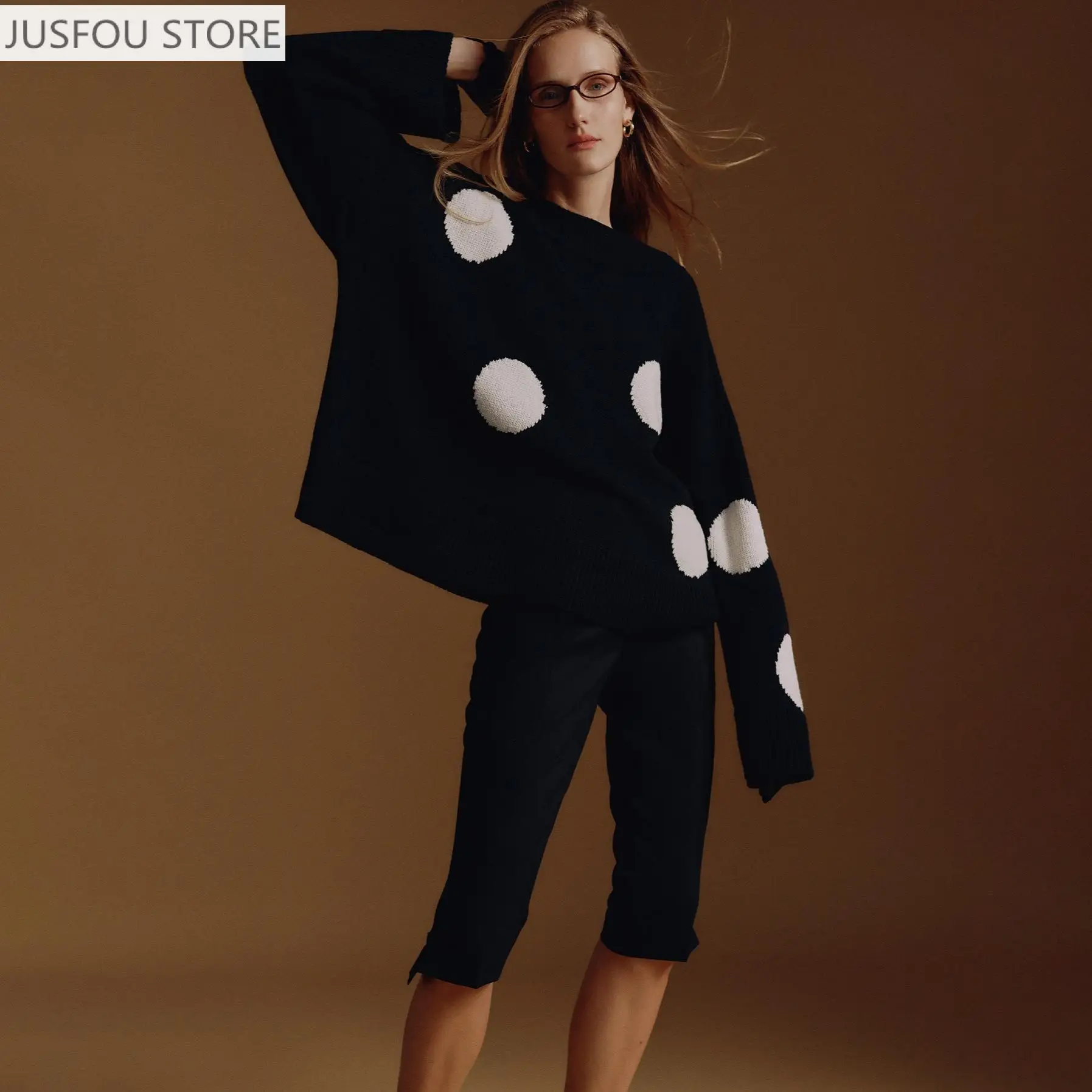 Herbst Rundhals Polka Dot Modische Rundhals Pullover Pullover Frauen Lose und Chic Pullover Gestrickte Bodenbildung Shirt Top