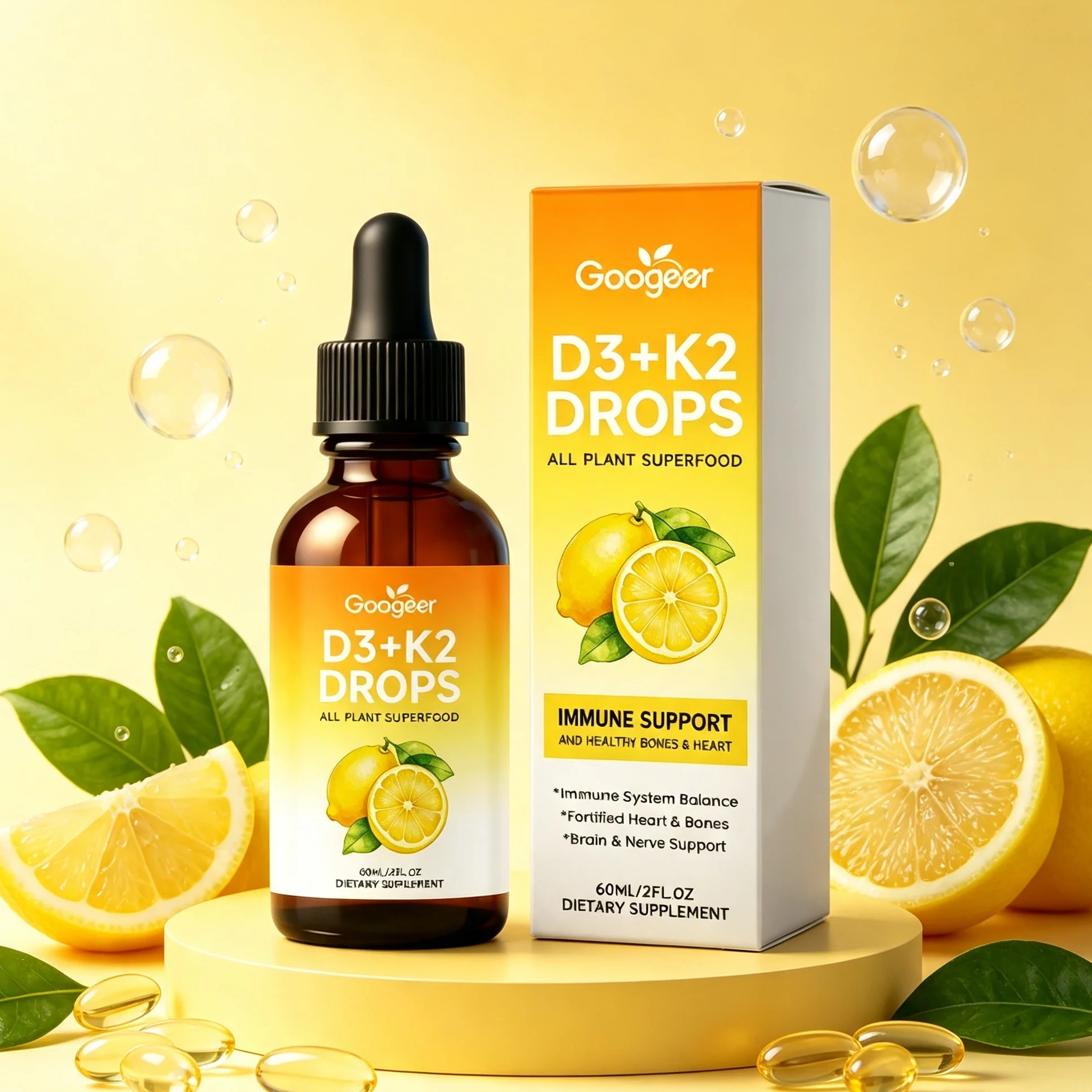 High Absorption Vitamin D2 & K3 Oral Drops Support Bone Density Blood Coagulation Immune Wellness for Men Women