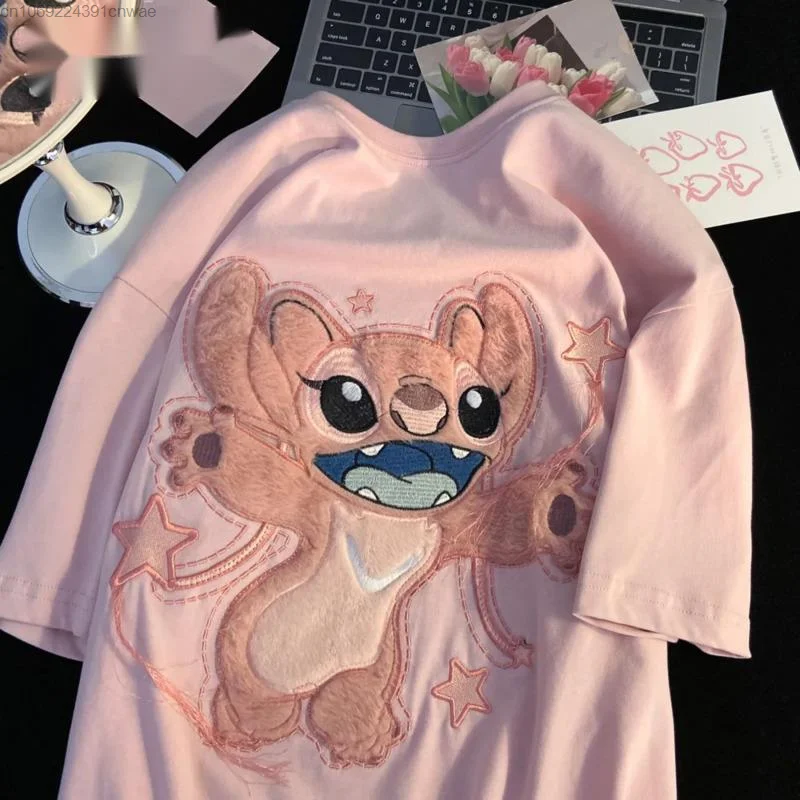 Disney Cute Stitch Printed Short Sleeve Black T-shirt Women\'s Summer New Hip Hop Grunge Pink White Tee Top Fashion Girls Clothes