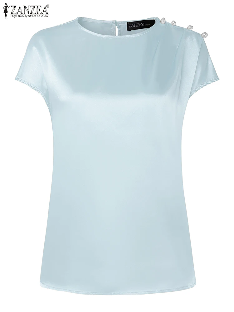 ZANZEA ผู้หญิงไข่มุกรายละเอียดซาตินเสื้อแฟชั่นฤดูร้อนรอบคอหมวกแขนจีบ Elegant Chemises Streetwear Blusas Mujer