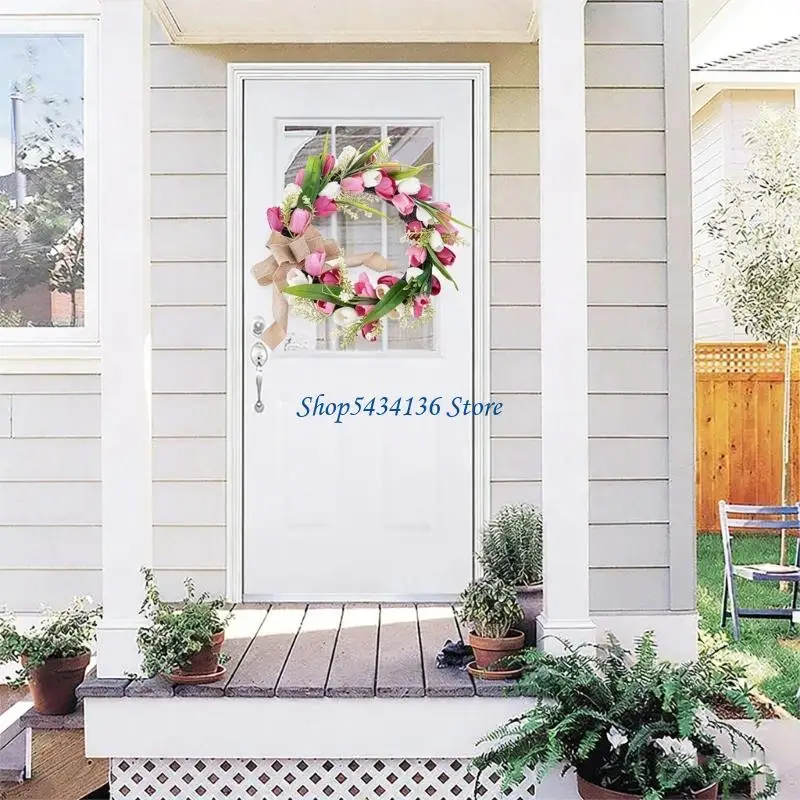 

H7ED Венок из тюльпанов для декора передней двери 18 дюймов Искусственный цветок Гирлянда Украшение