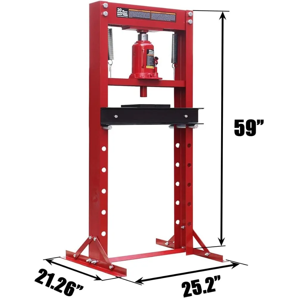 Torin Steel H-Frame Hydraulic Garage/Shop Floor Press with Stamping Plates, 20 Ton (40,000 lb) Capacity, Red