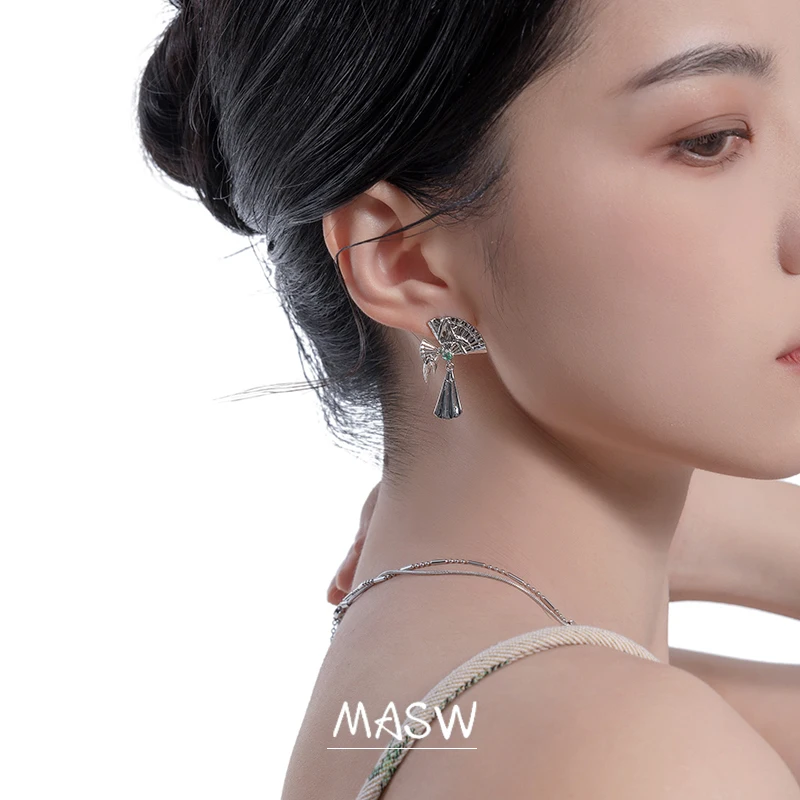 MASW Original Design Vintage Temperament High Quality Thick Silver Plated Fan Dangle Earrings For Women Girl Modern Jewelry