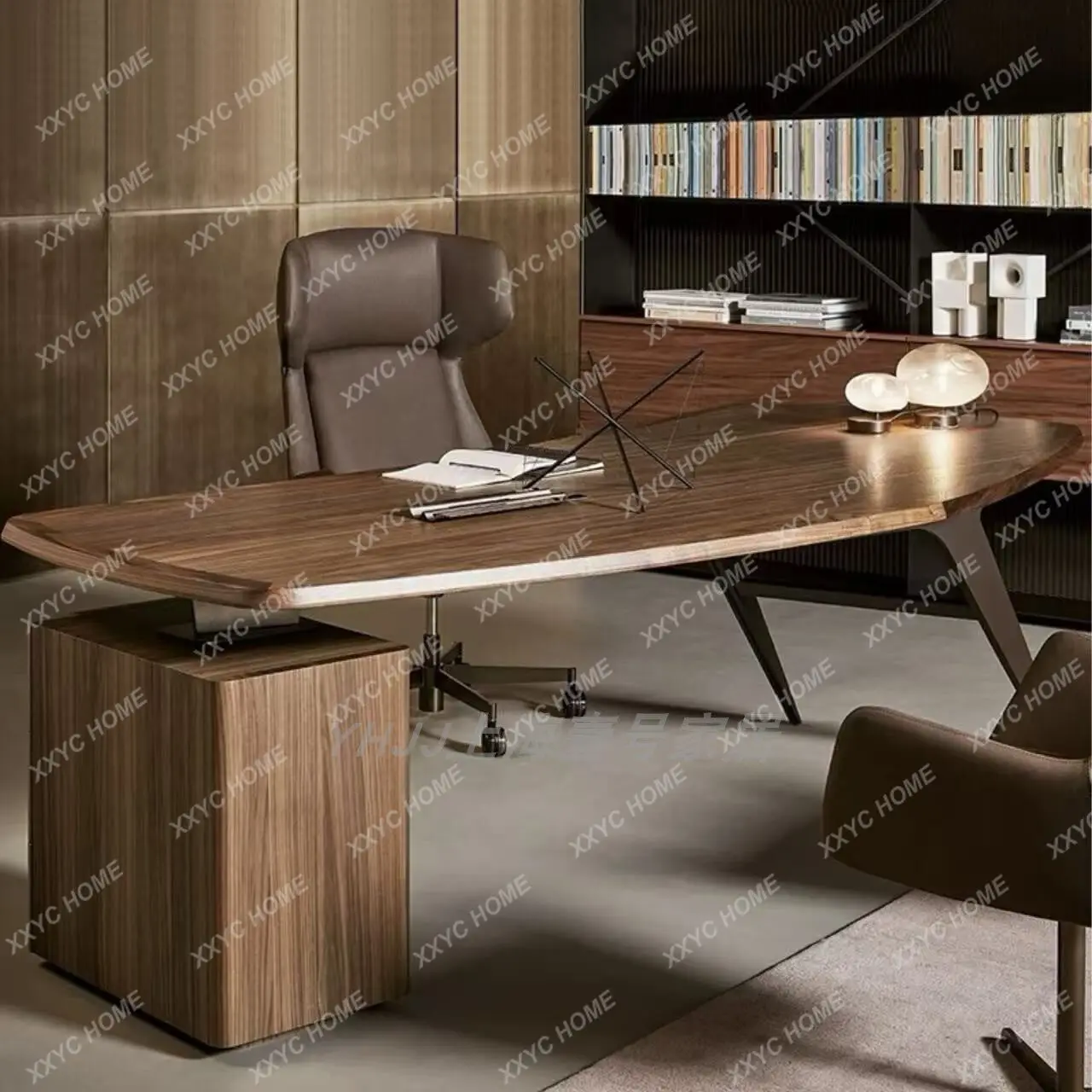 Modern simple desk solid wood large board table stainless steel corner arc boss table