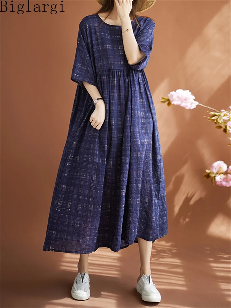 Oversized Korea Summer Women Vintage High Waist Cottonn Linen Plaid Dress Casual Loose Ladies Pullover Big Size Print Long Dress