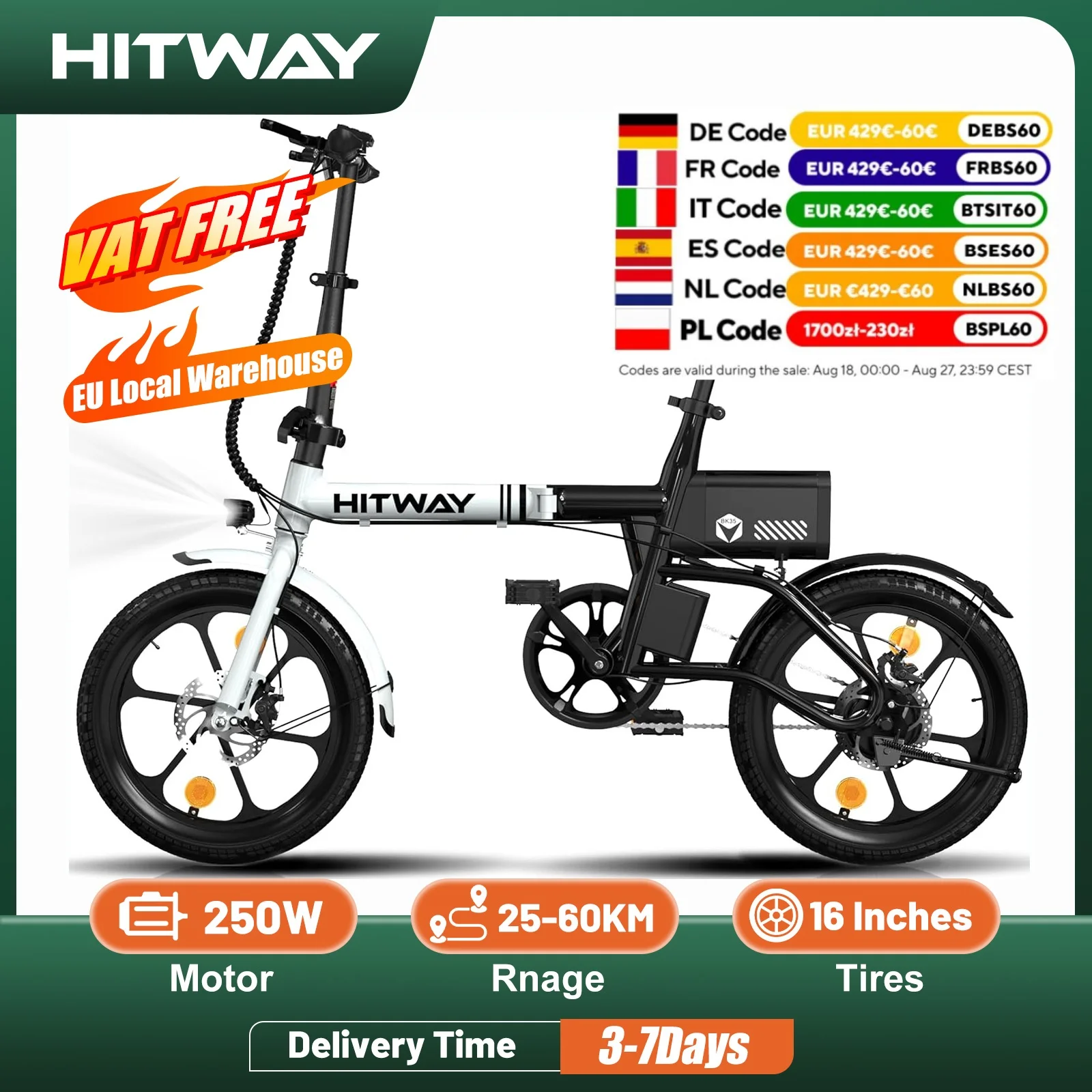 Bici elettrica HITWAY BK 35S, 16” E ciclismo 250W City E-Bike Max.Range 25-60KM donna uomo