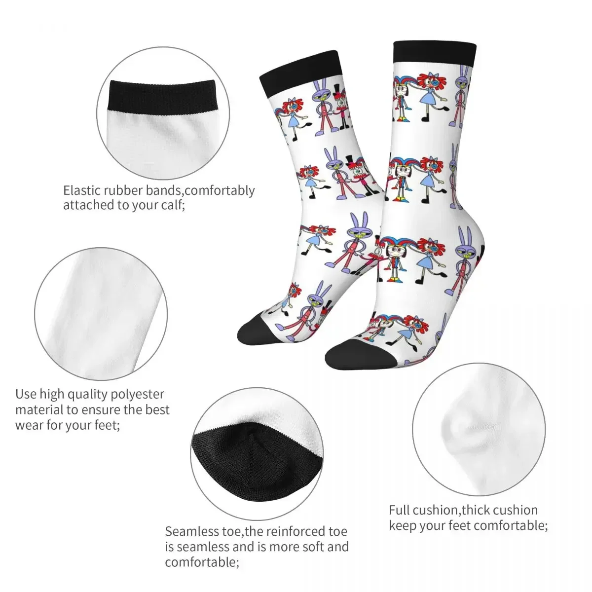 Retro The Amazing Digital Circus Cast Basketball Socks Pomni Polyester Middle Tube Socks for Women Men Sweat Absorbing