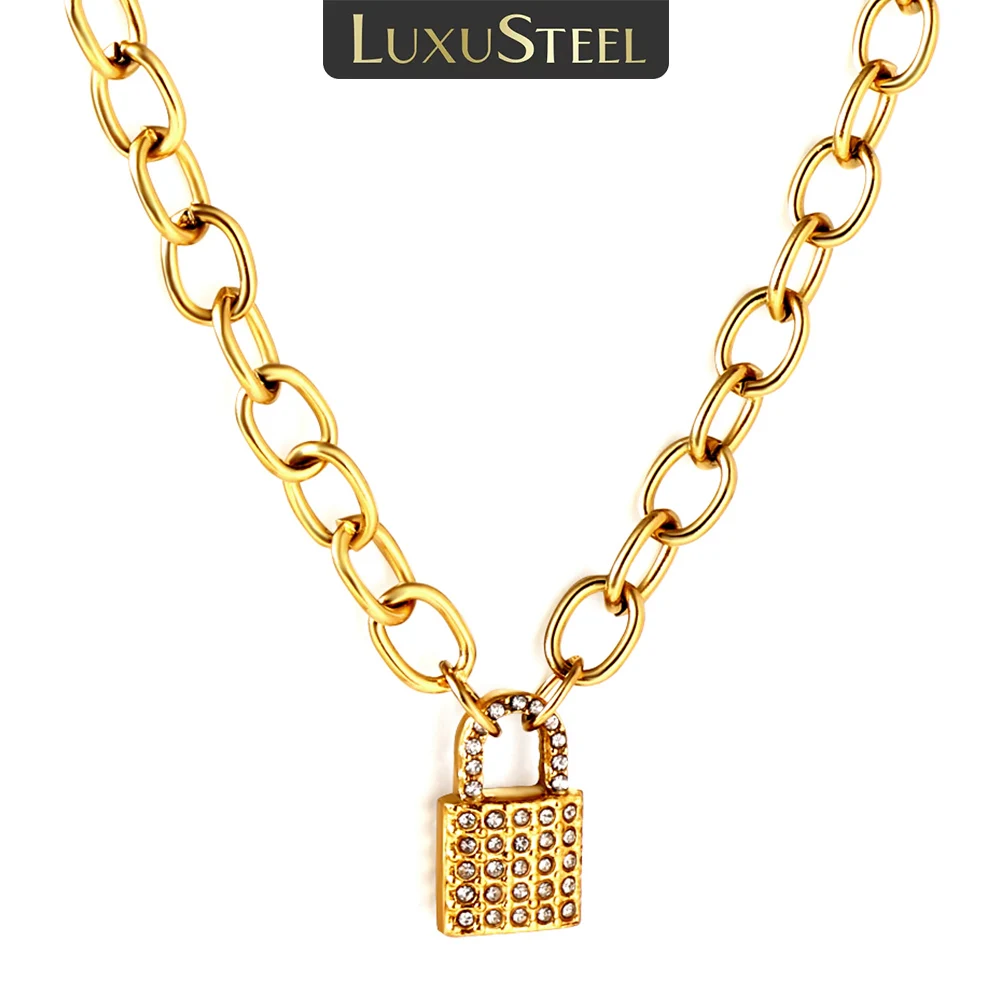 LUXUSTEEL CZ Stone Lock Pendant Necklace For Women Men Gold Color Stainless Steel Cuban Link Chain Choker Vintage Gifts