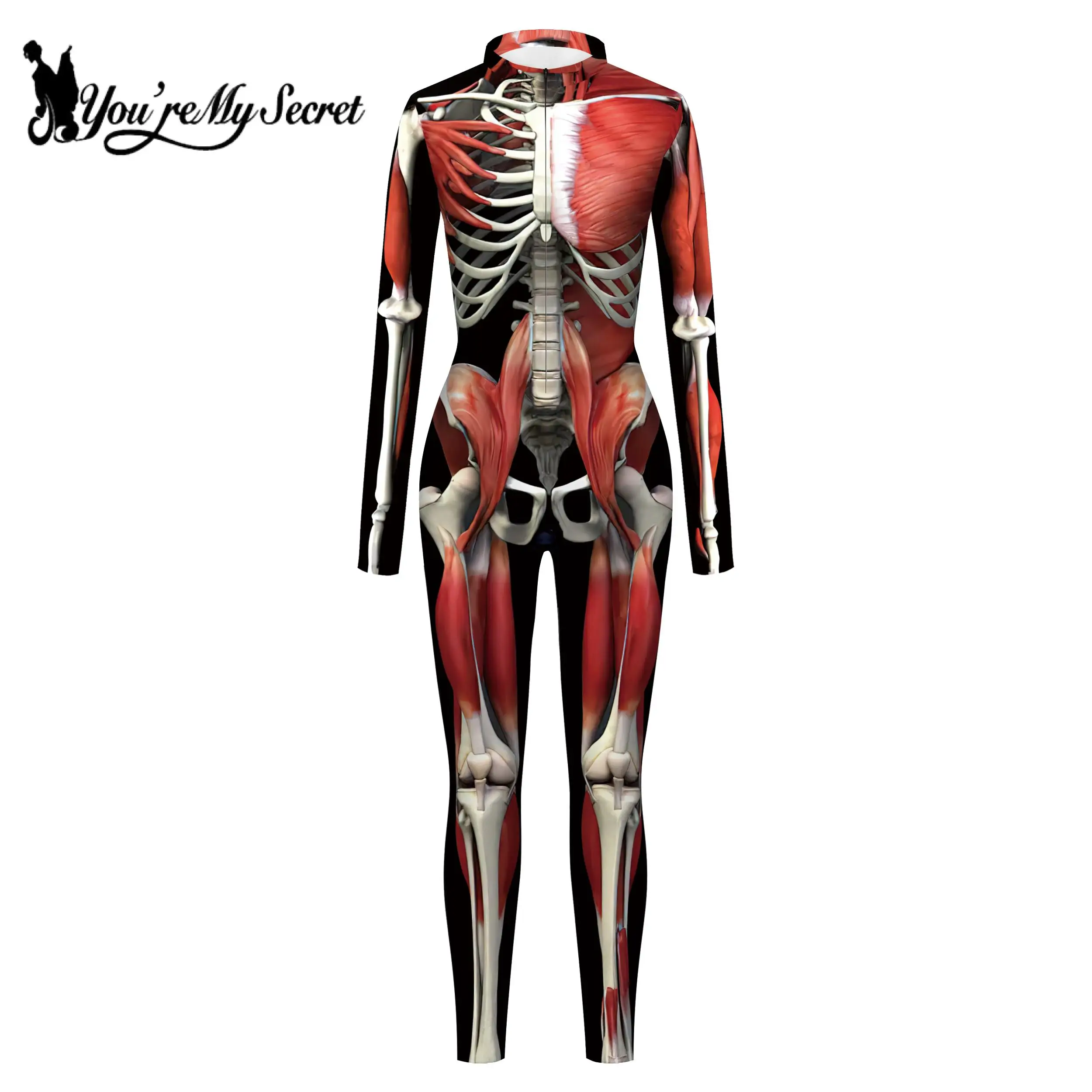 [Je Bent Mijn Geheim] Halloween Kleurrijke 3d Skelet Vrouwen Bodysuits Zentai Jumpsuit Front Rits Cosplay Kostuum Voor Vrouwelijke Outfit